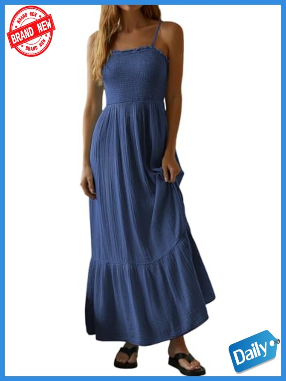 Boho Cotton Maxi Dress with Adjustable Spaghetti Straps, Smocked Backless,